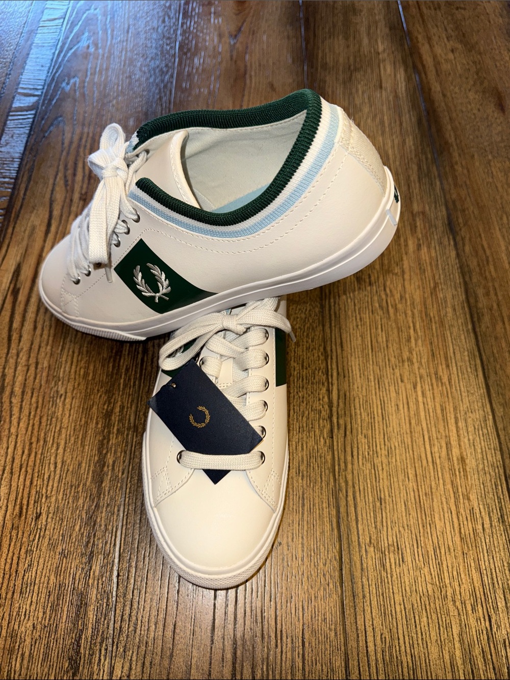 Fred Perry Underspin Tipped Cuff White Leather Sneakers with Green & Blue Trim
